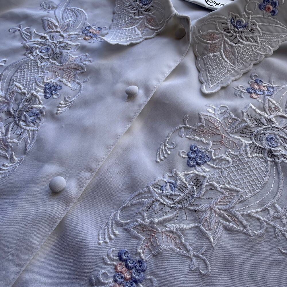 Vintage y2k sheer White Embroidered Floral Button Down cottage core shirt